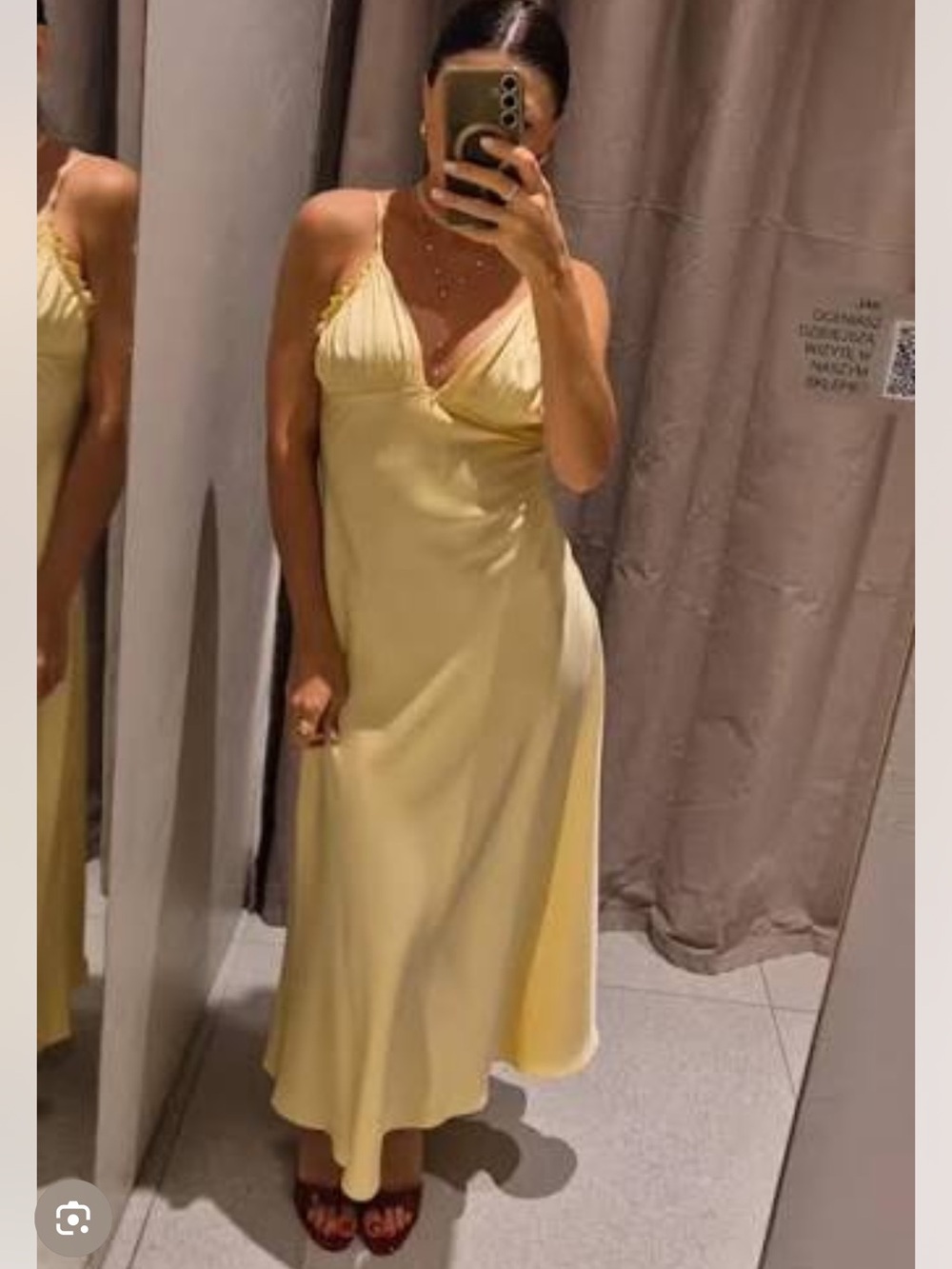 ZARA Light Yellow Satin Slip Midi Dress with Ruffle Trim - Picture 4 of 9